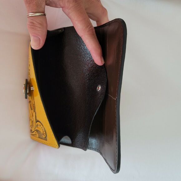 Hand tooled leather wallet Mustard yellow 7 1/2"x 4" BOHO Chic Mexican Artisan - Picture 7 of 8